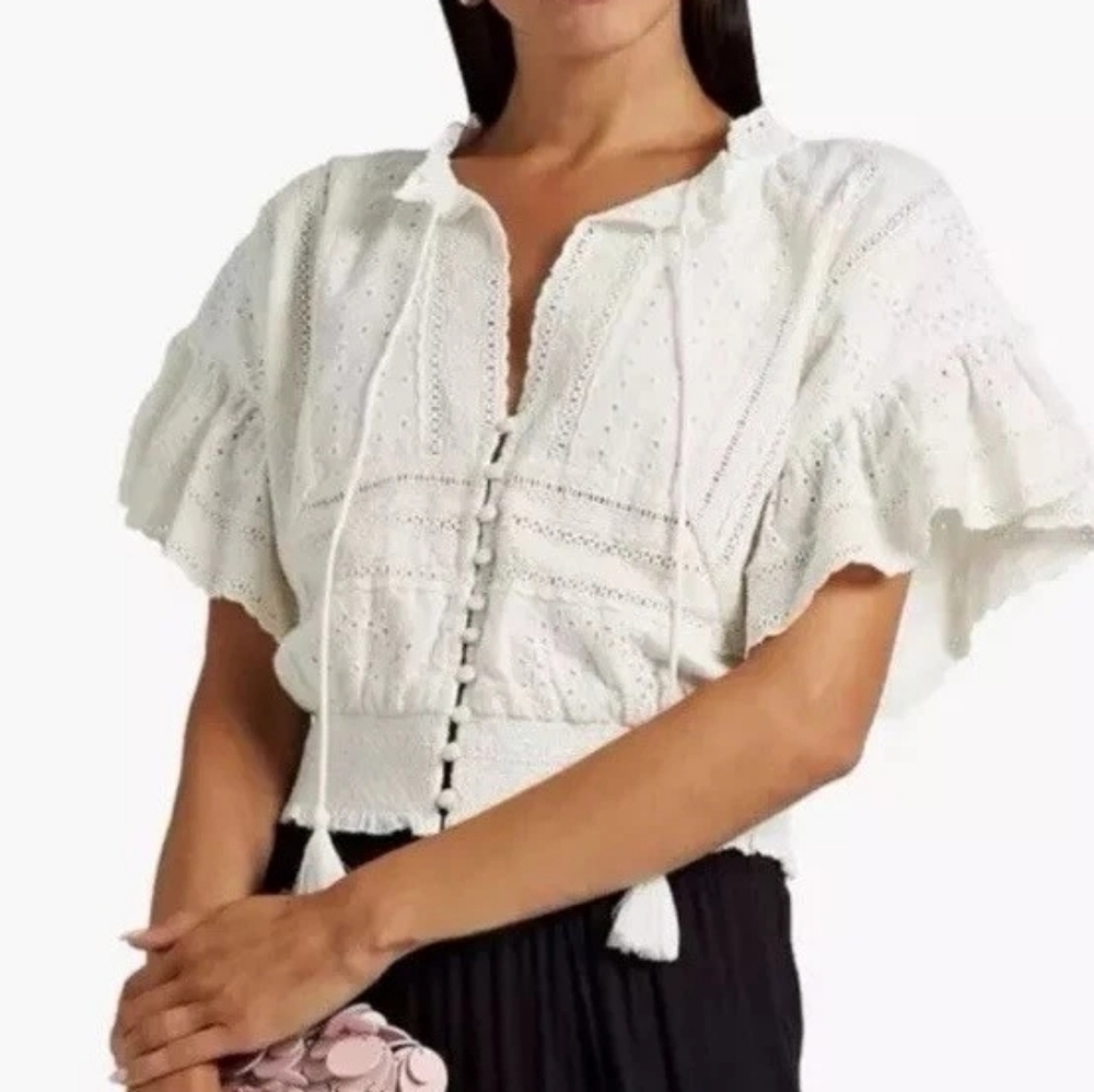 Alice + Olivia White Eyelet Tabitha Broderie Crop Linen Blouse Size XS